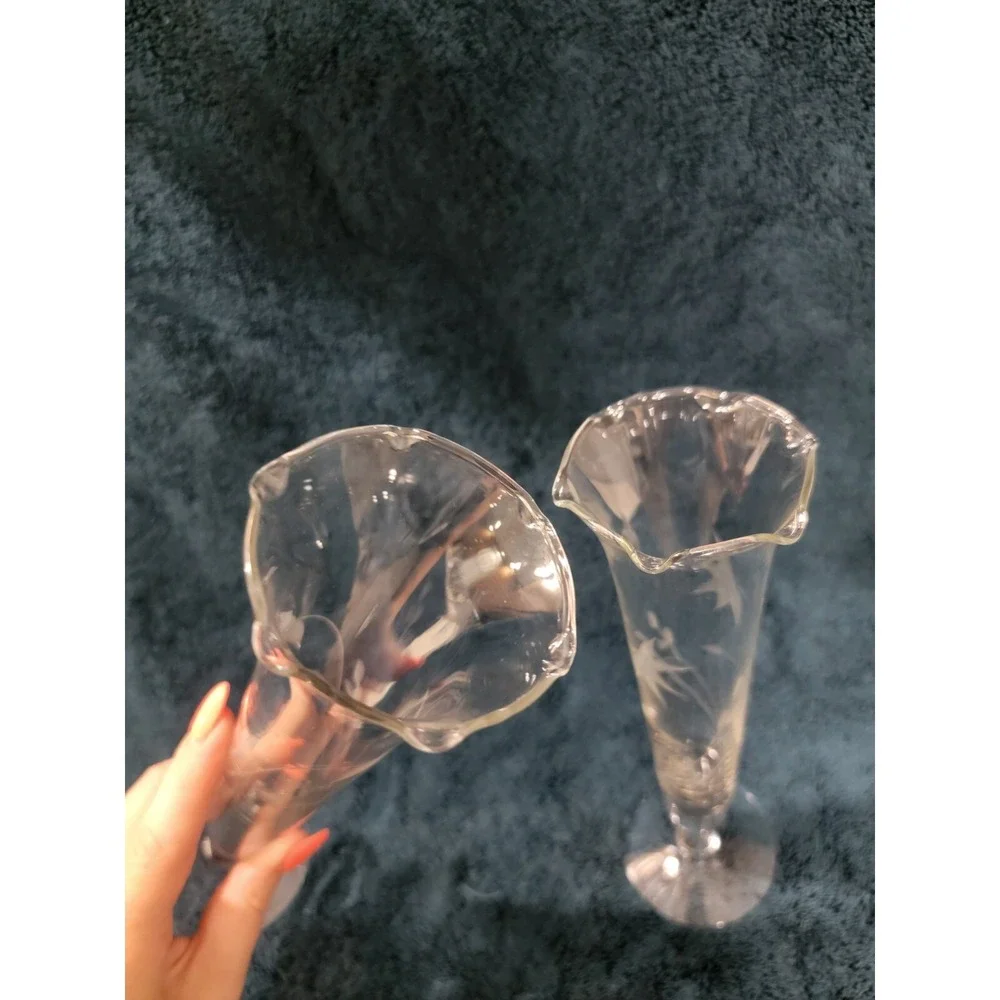 Vintage Etched Glass Bud Vases Pair Ruffled Rim Floral Trumpet Pedestal 10 Inch